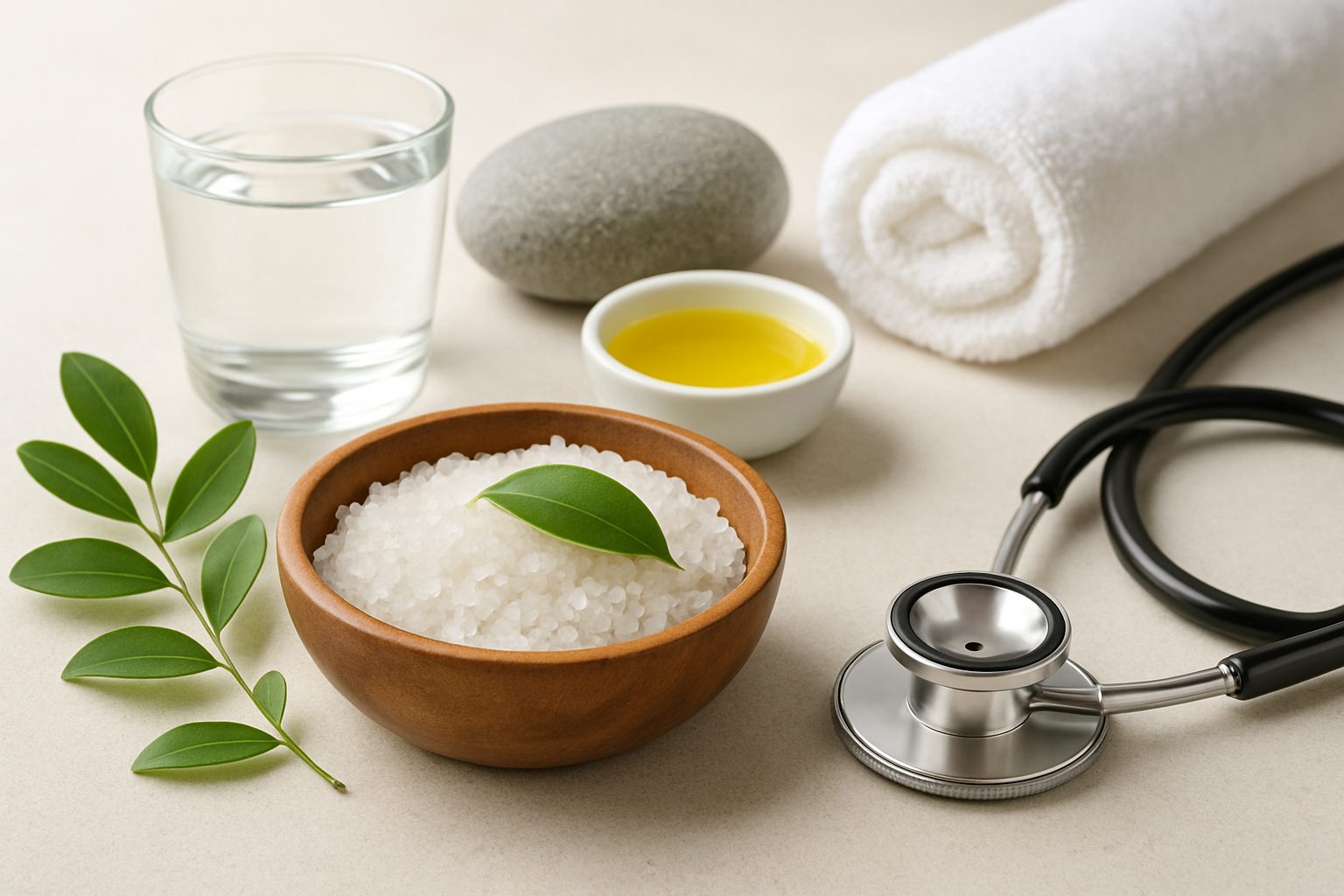 A bowl of salt with a leaf, a stethoscope, a glass of water, and a small dish of oil on a neutral background