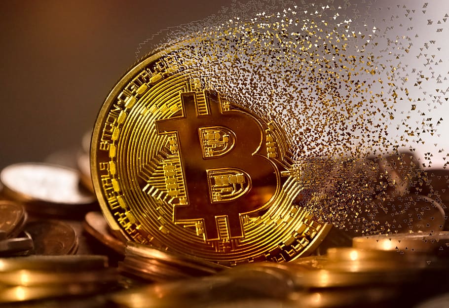A Bitcoin coin surrounded by smaller coins, presented in a digital art style suggesting transformation or decay.