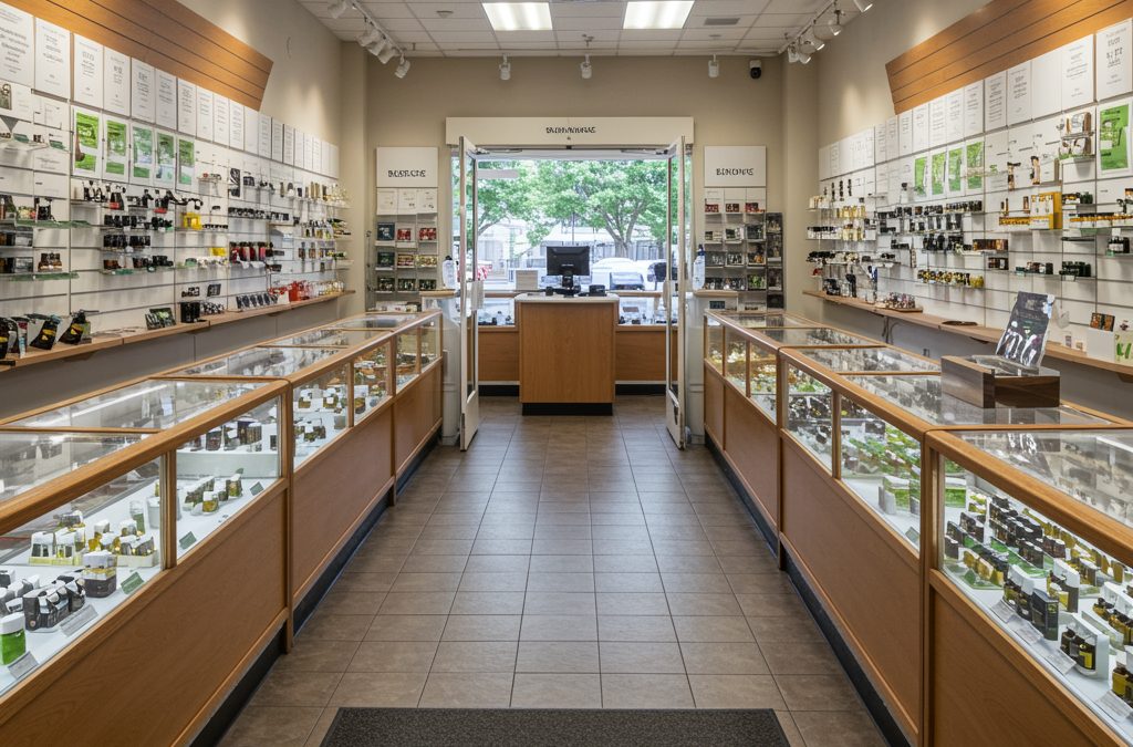 Interior view of a cannabis dispensary showcasing various products and shelves.